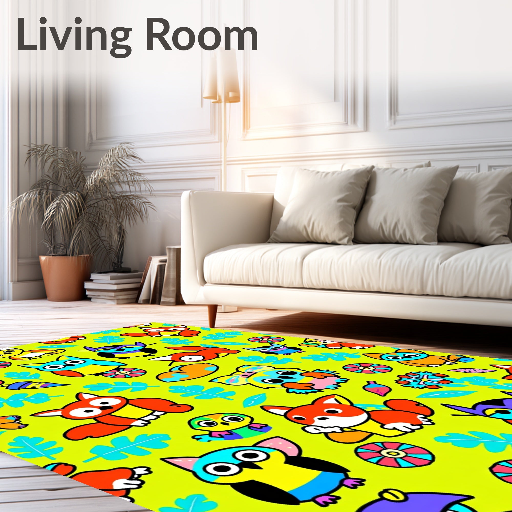 Vibrant Cartoon Woodland Creatures Aviary Rug