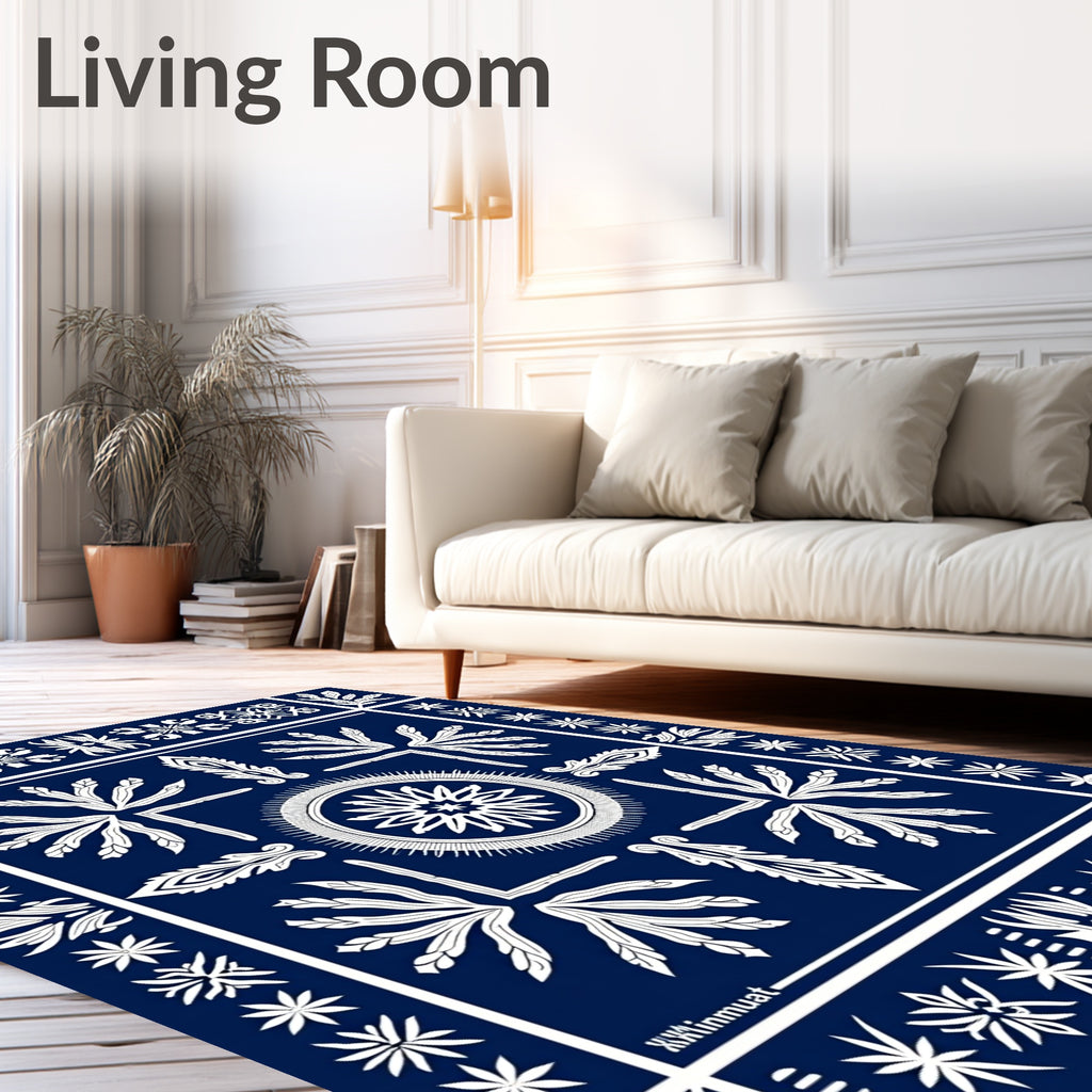 Navy Blue Floral Sunburst Geometric Rug