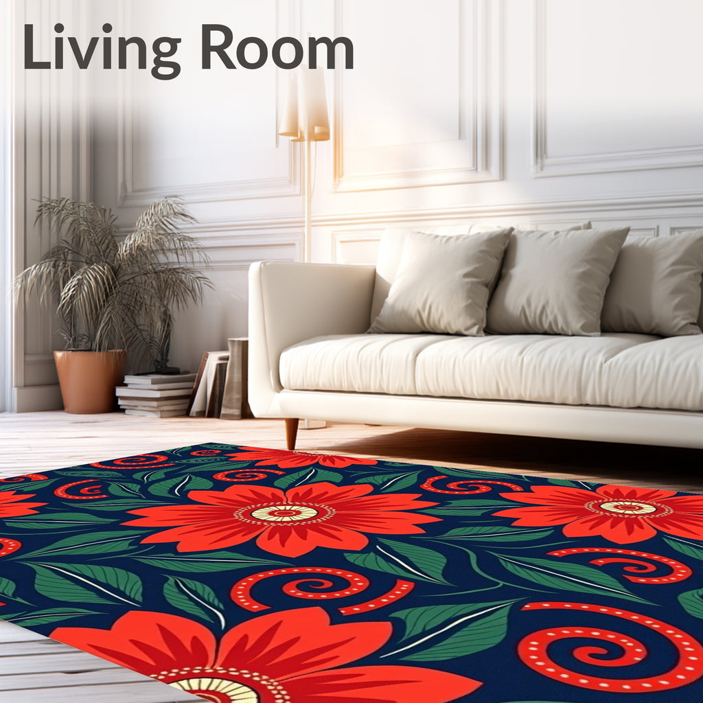 Bold Crimson Floral Swirl Navy Rug