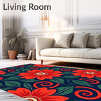 Bold Crimson Floral Swirl Navy Rug