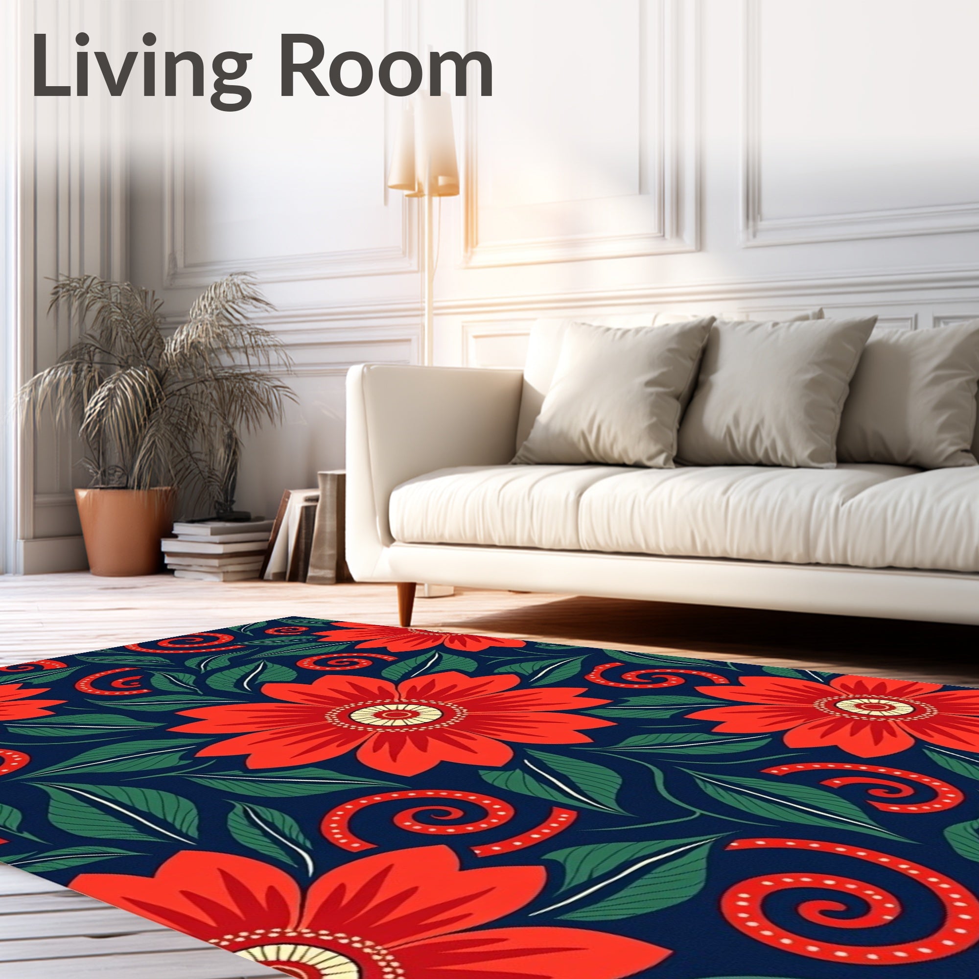 Bold Crimson Floral Swirl Navy Rug