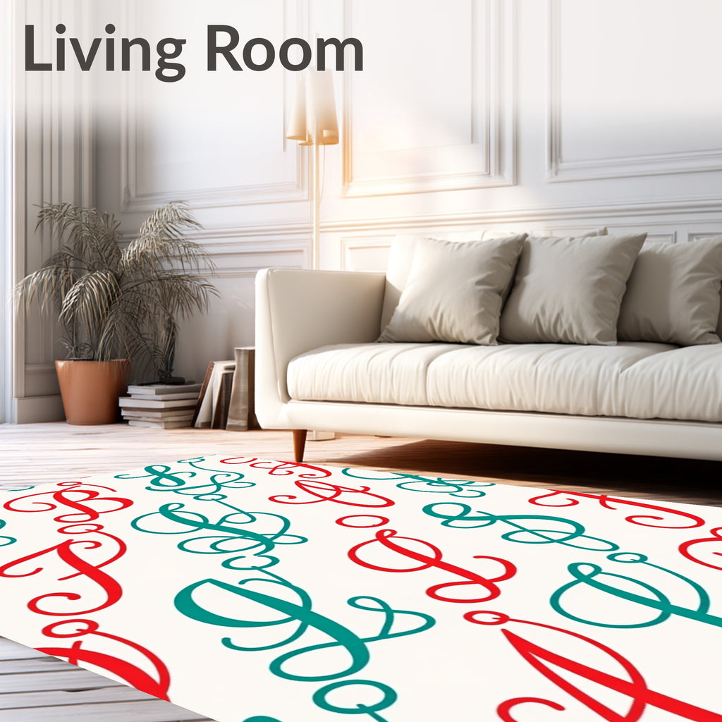 Red Teal Script Alphabet Arrangement Rug