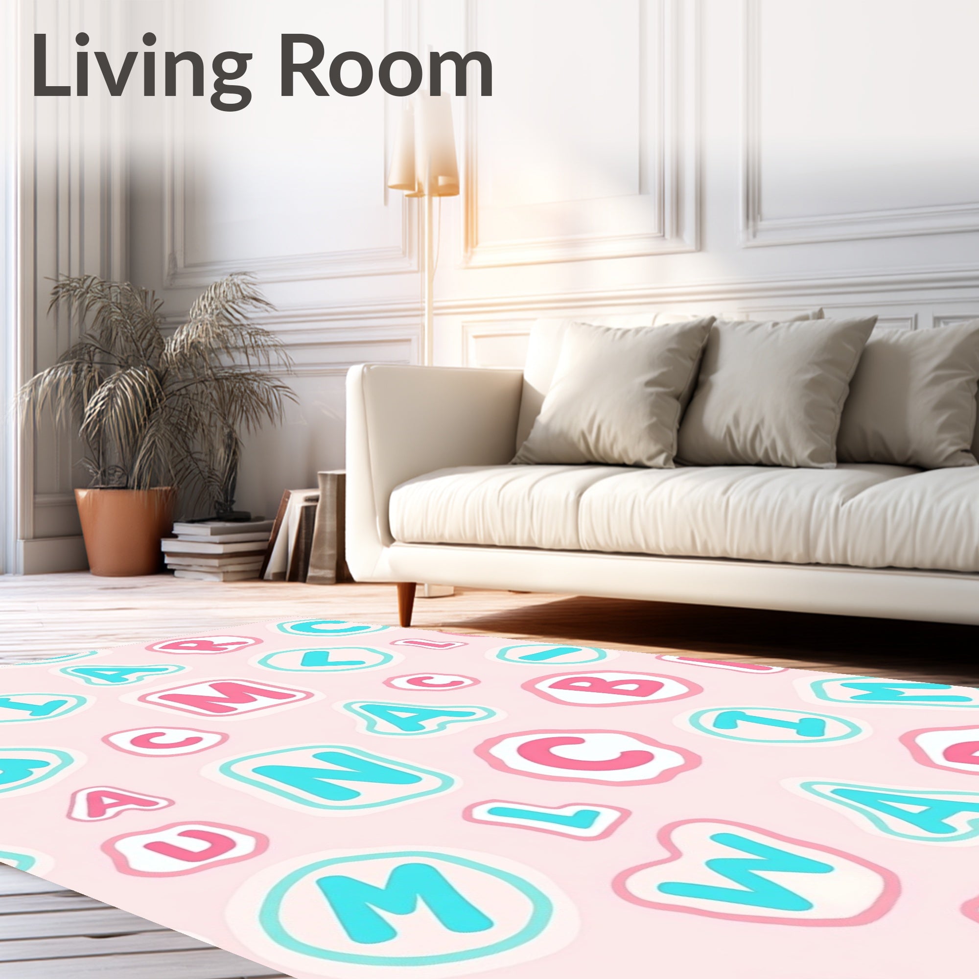 Pink White Blue Alphabet Collage Rug