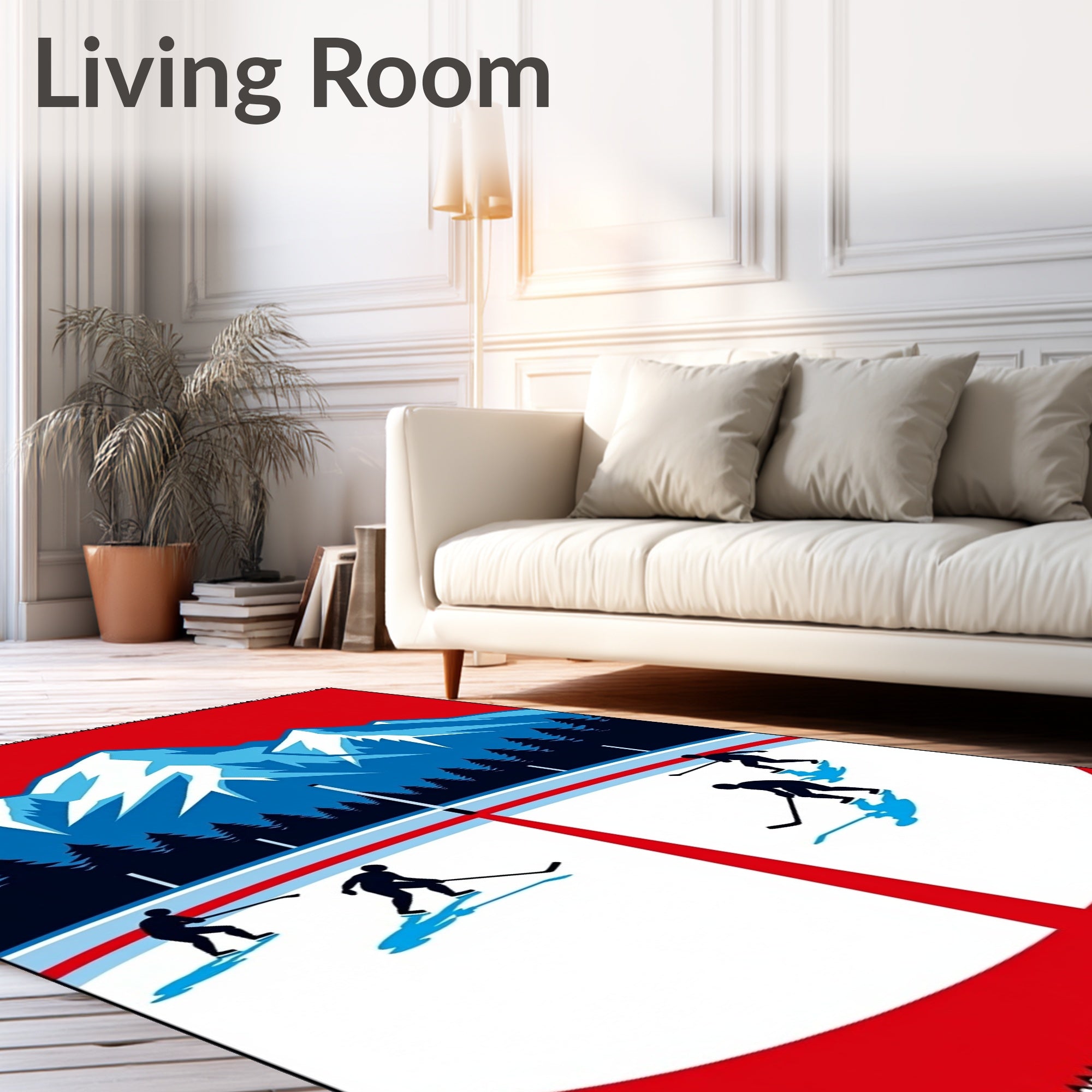 Winter Mountain Hockey Players Scene Rug