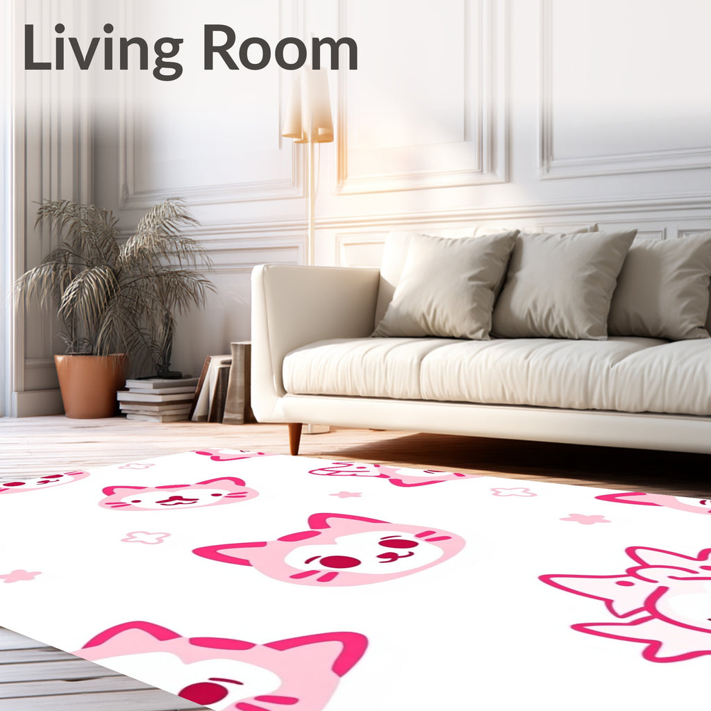 Whimsical Pink Cat Faces Scattered Stars Rug
