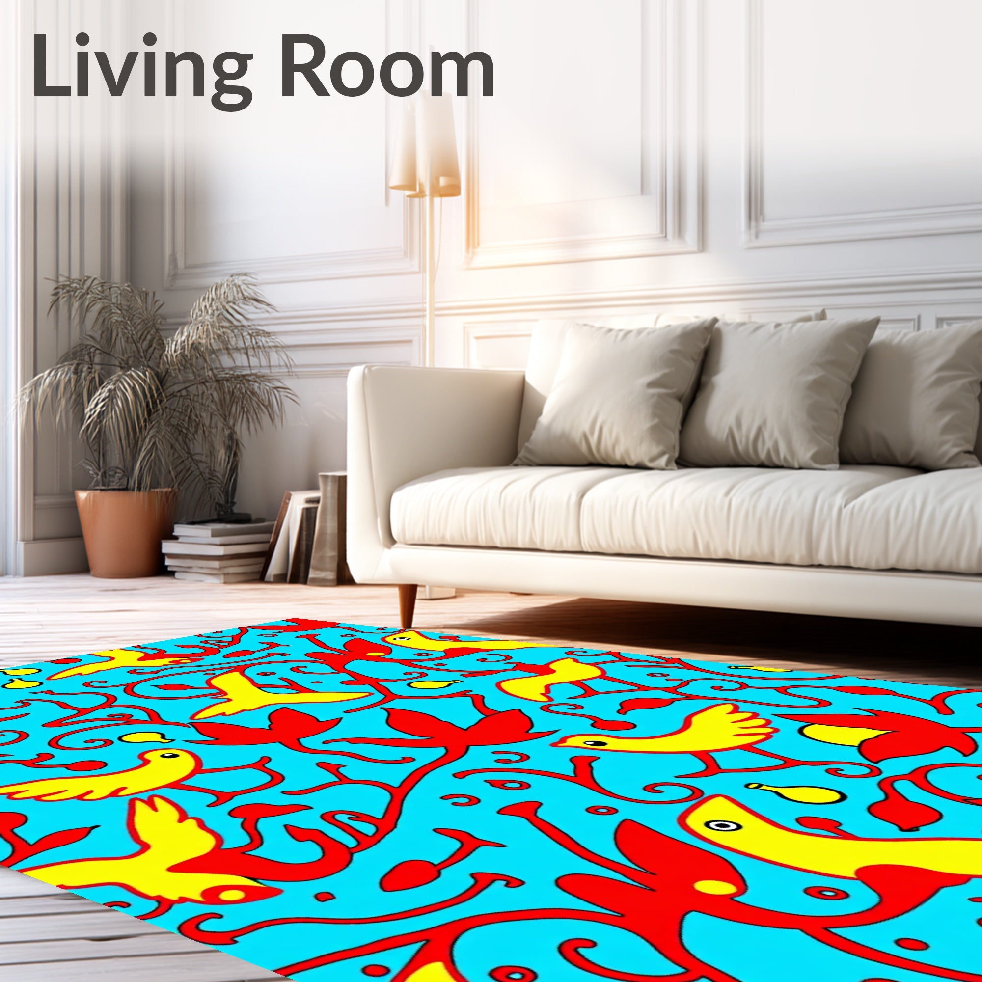 Bright Yellow Birds Red Vines Aquamarine Rug