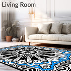 Black White Blue Sunburst Mandala Rug