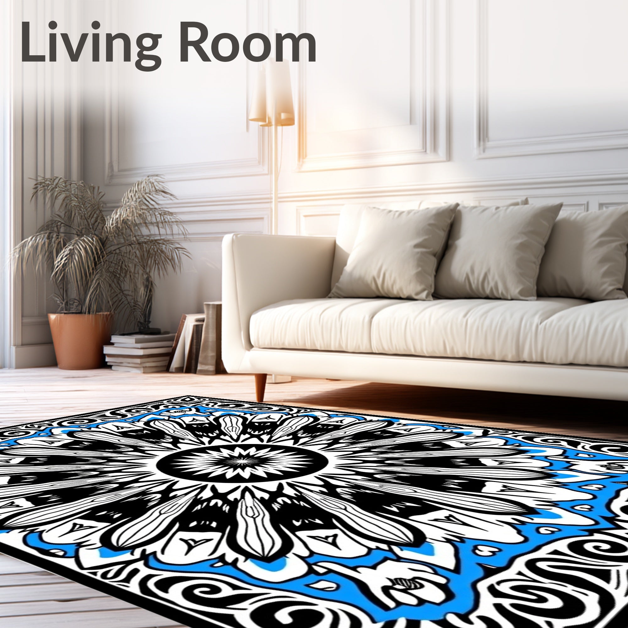 Black White Blue Sunburst Mandala Rug