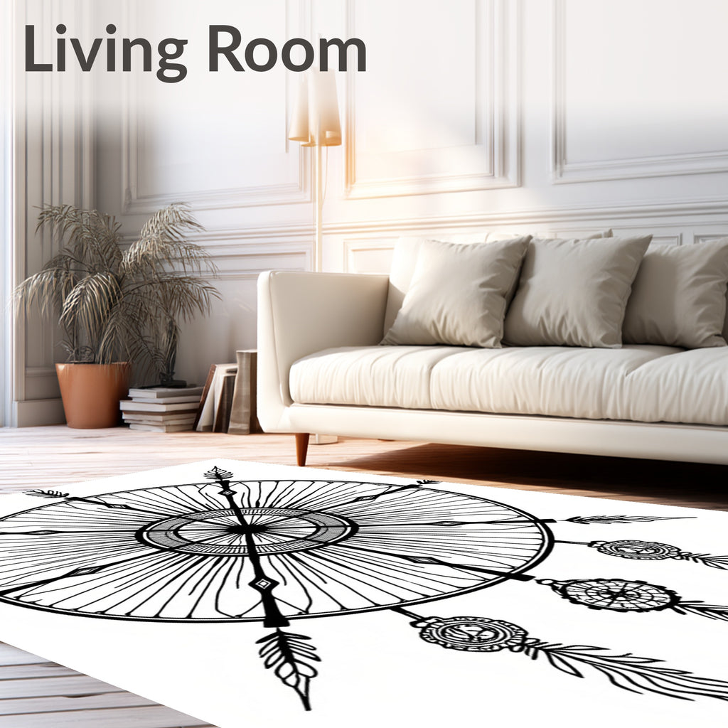Tribal Feather Dreamcatcher Black White Rug