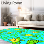 Cute Green Turtles Yellow Starfish Swirls Rug
