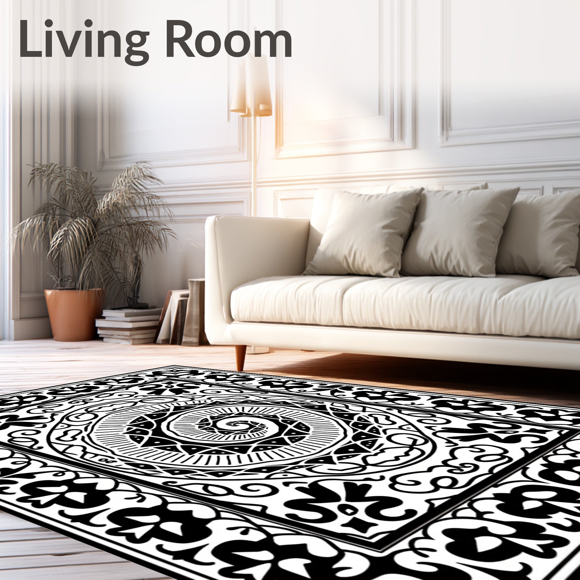 Black White Floral Swirl Mandala Rug