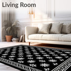 White Snowflake Bordered Black Rug