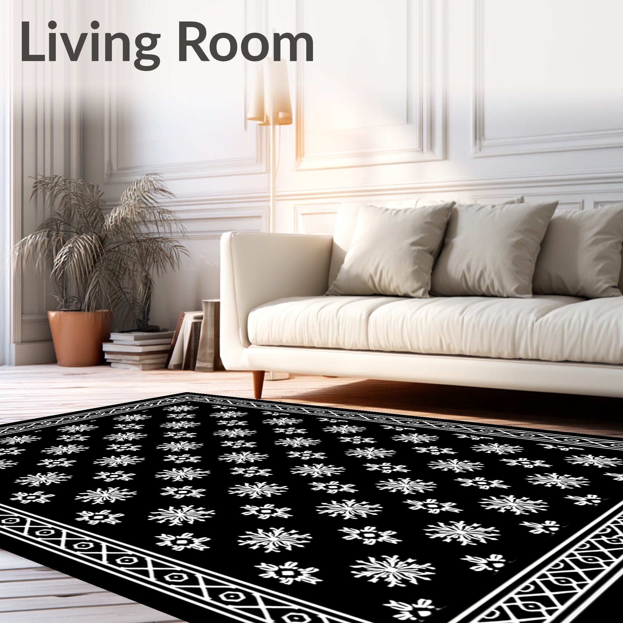 White Snowflake Bordered Black Rug