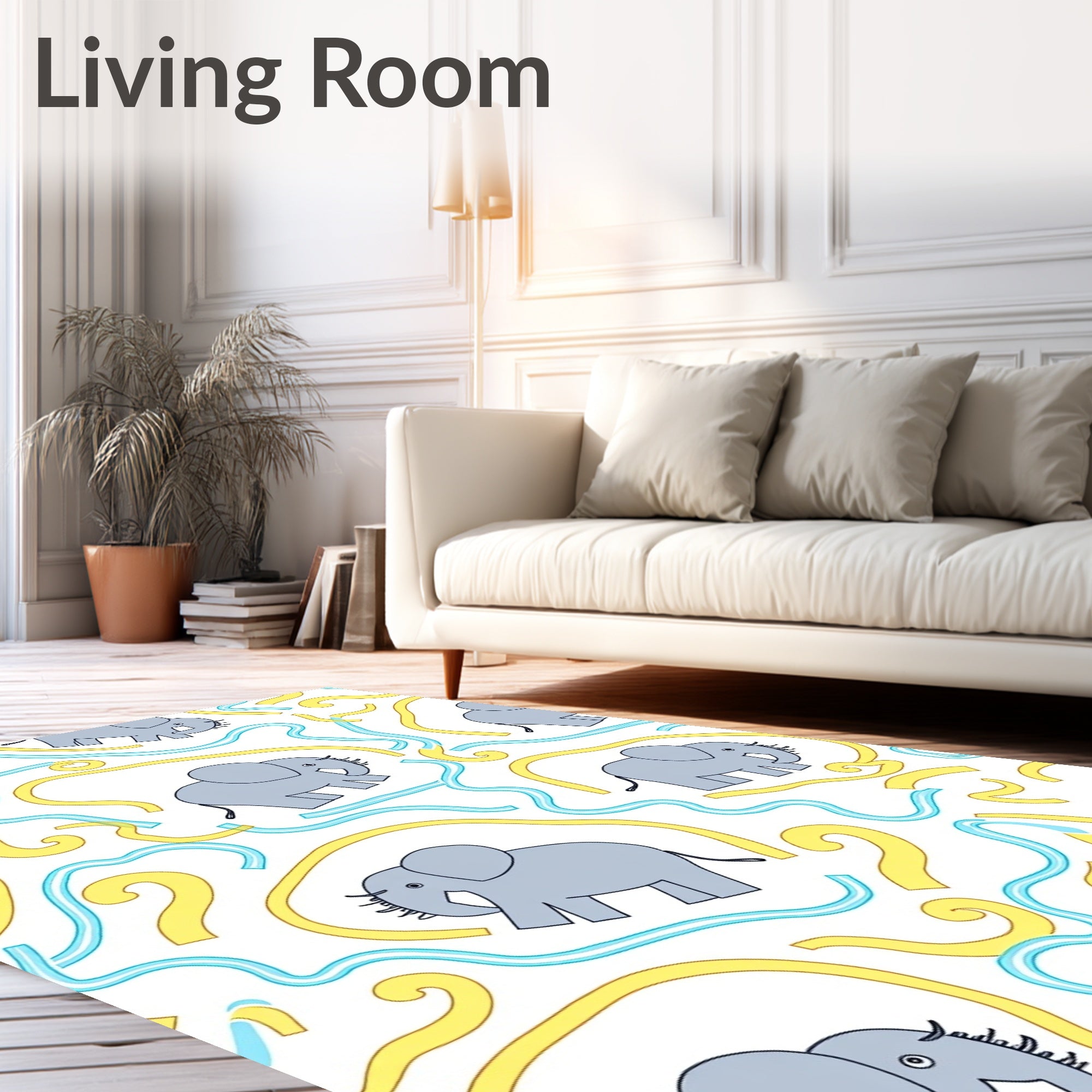 Gray Elephants And Yellow Blue Swirls Rug