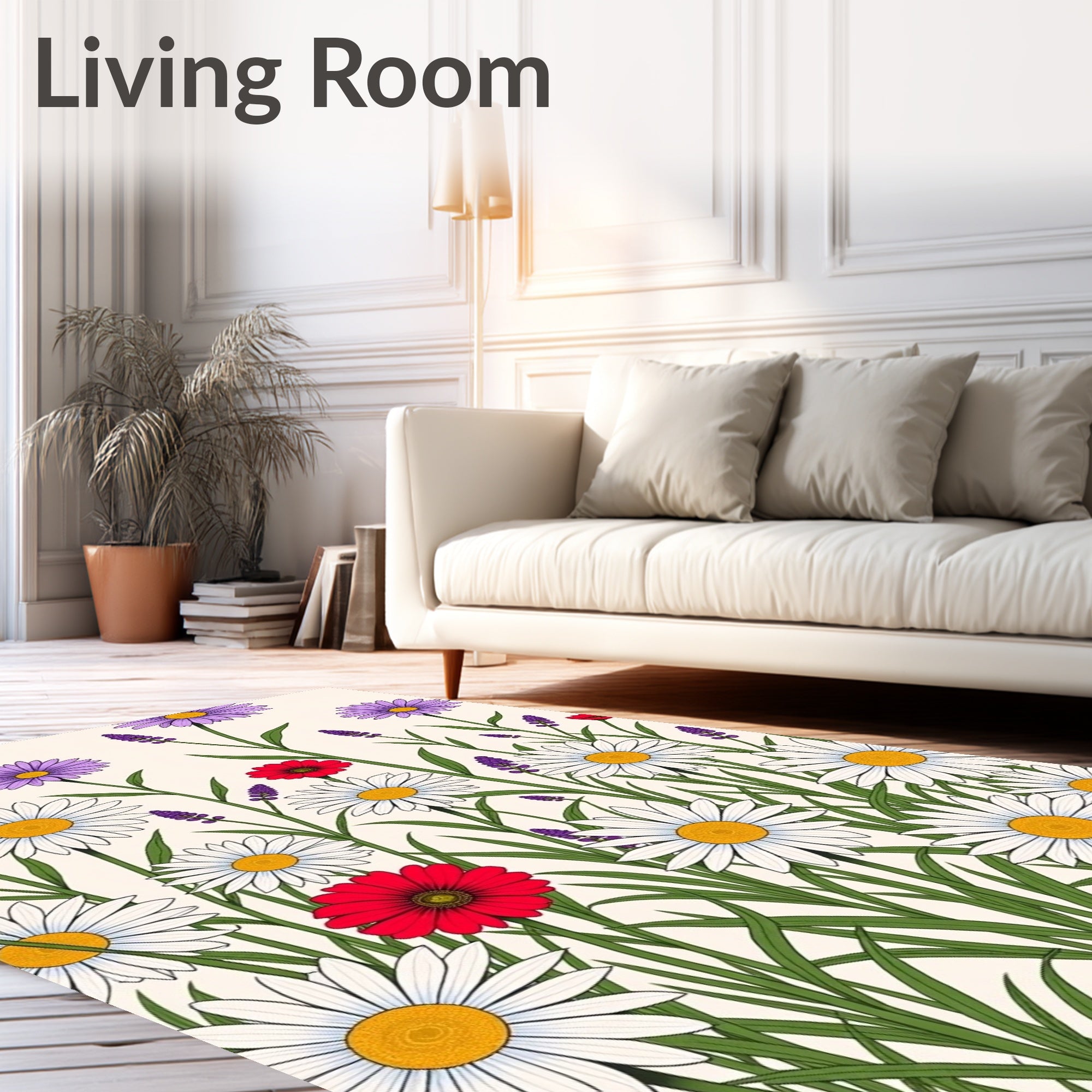 Field of Daisies and Lavender Flowers Rug