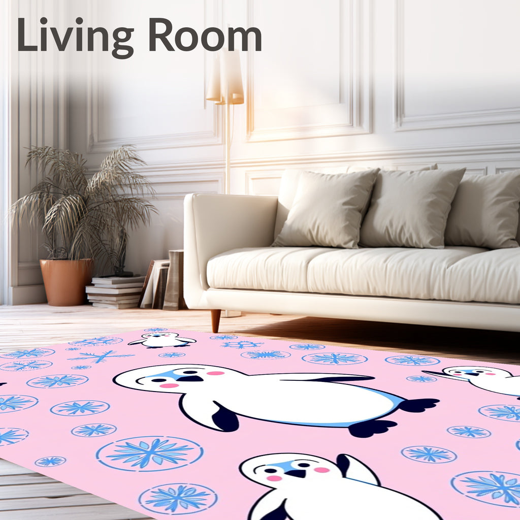 Playful Pink Penguin Snowflake Sprinkle Rug