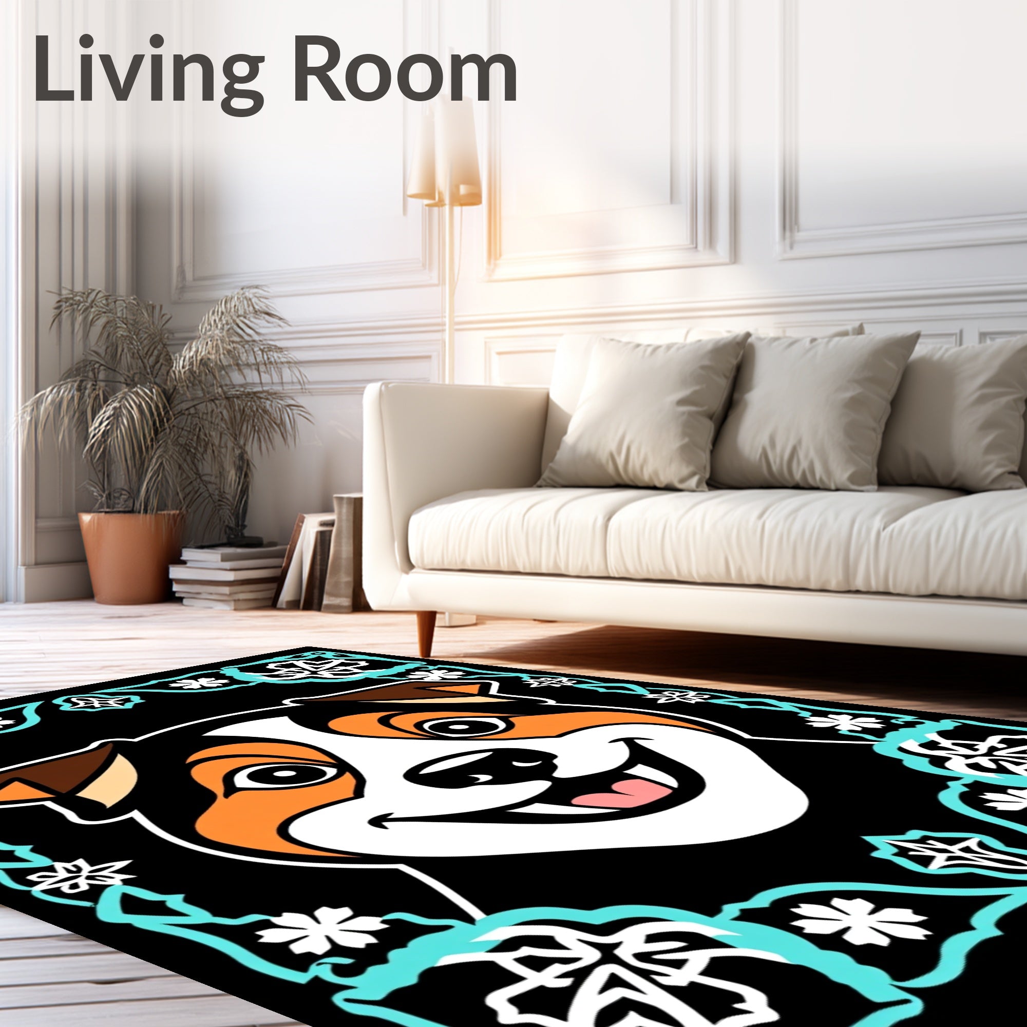 Charming Canine Portrait Teal Floral Frame Rug