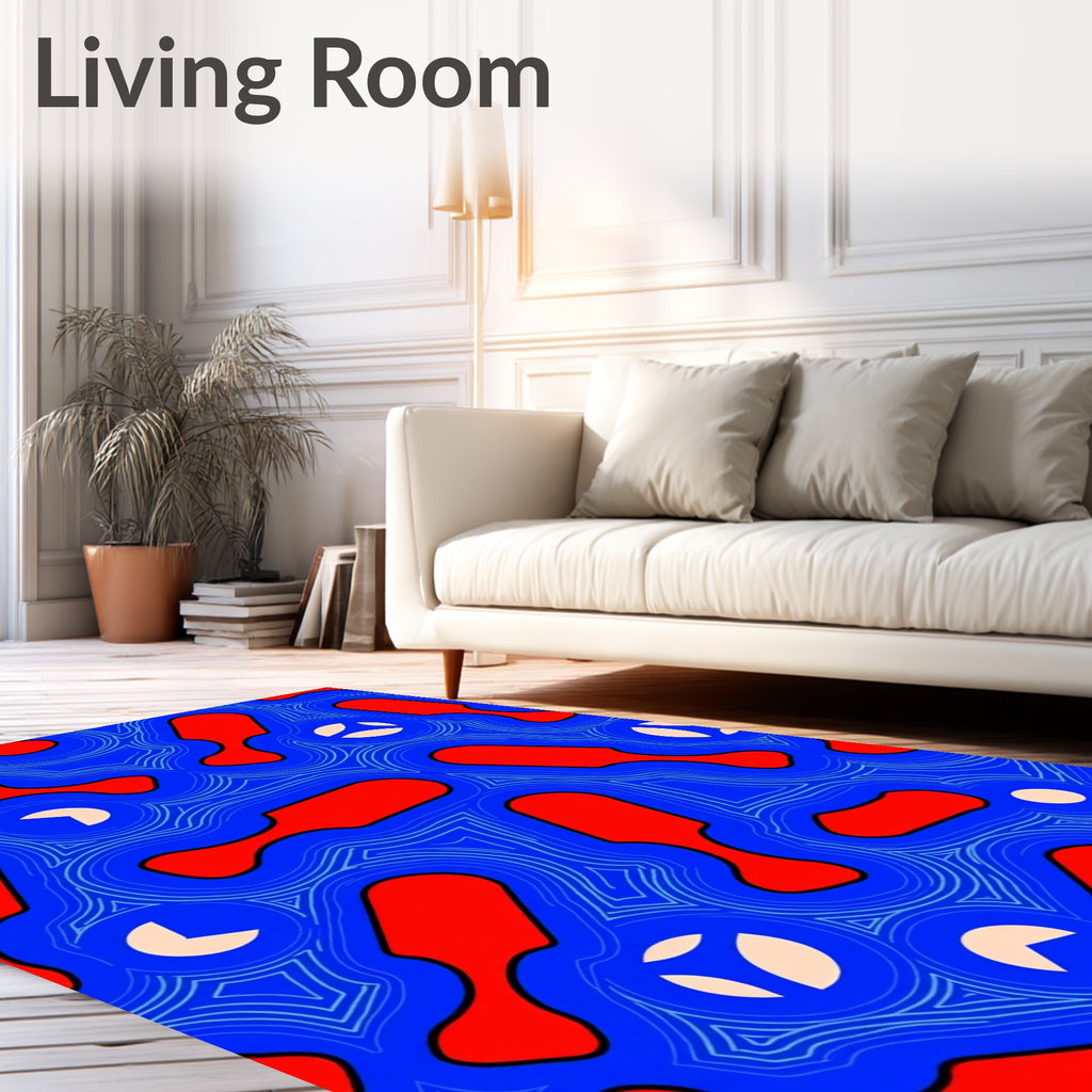 Vibrant Red Abstract Blue Organic Forms Rug