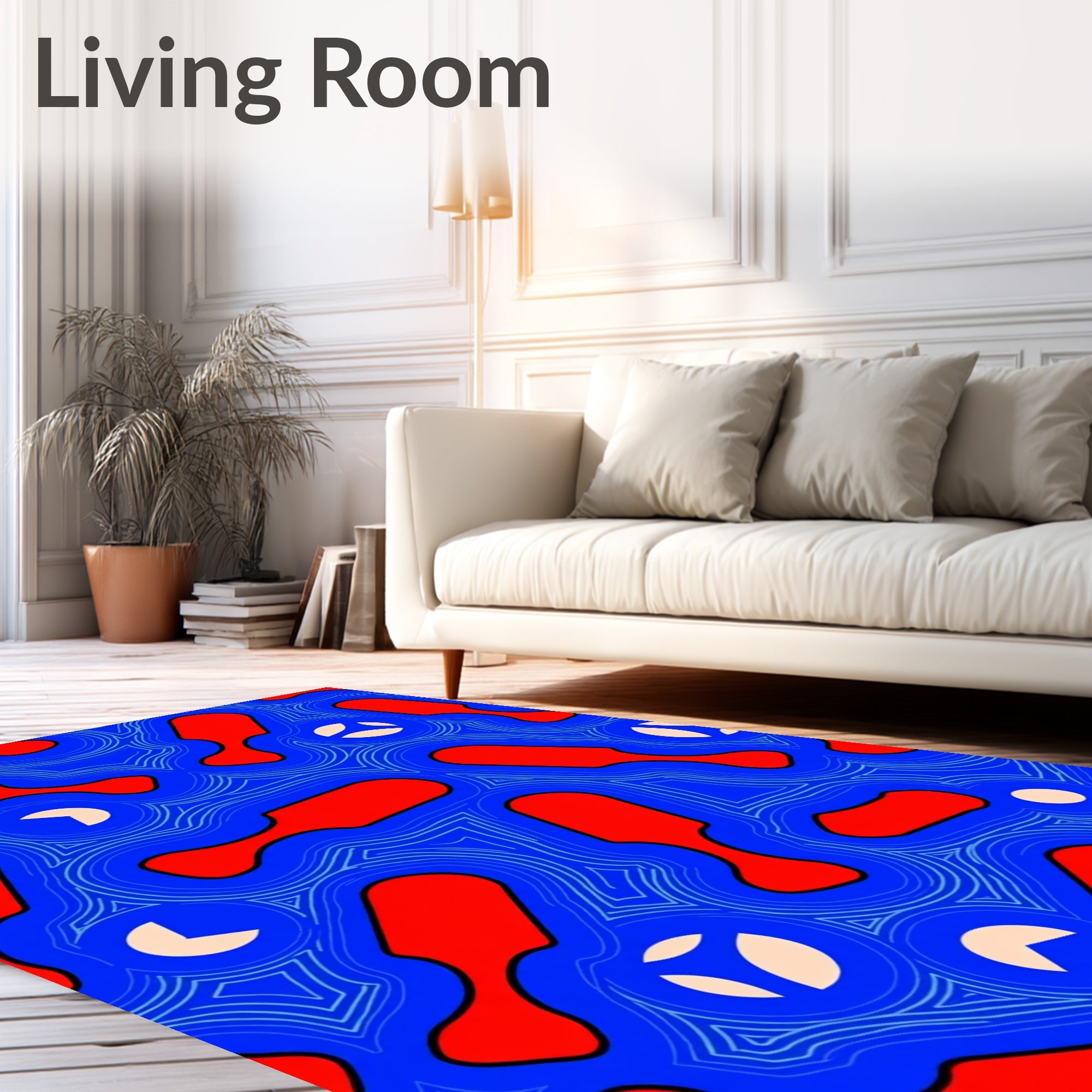 Vibrant Red Abstract Blue Organic Forms Rug