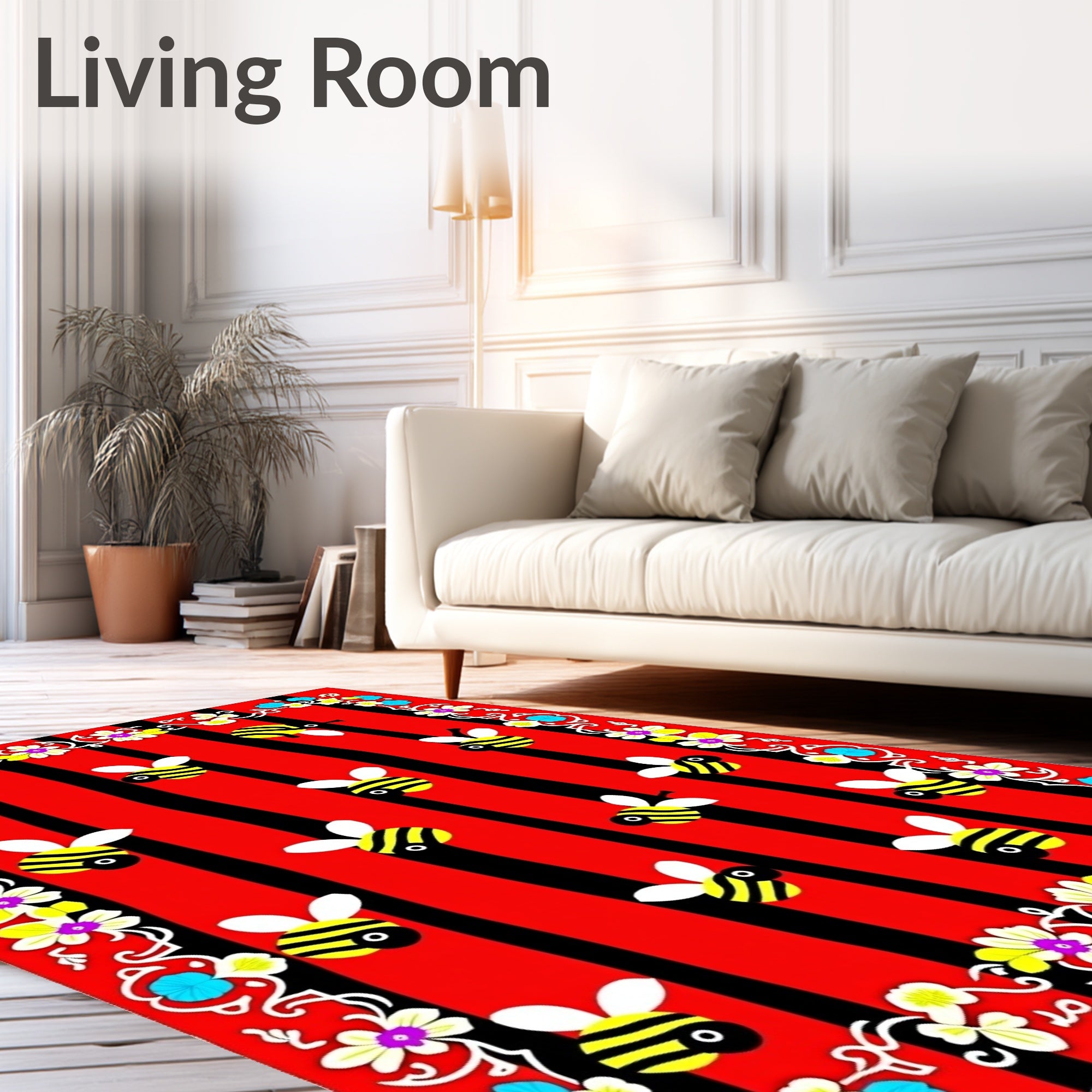 Striped Red Black Honeybee Floral Border Rug