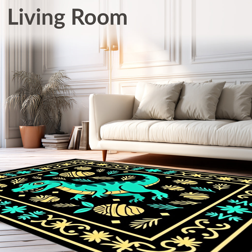 Turquoise Dinosaur Yellow Pineapple Border Rug