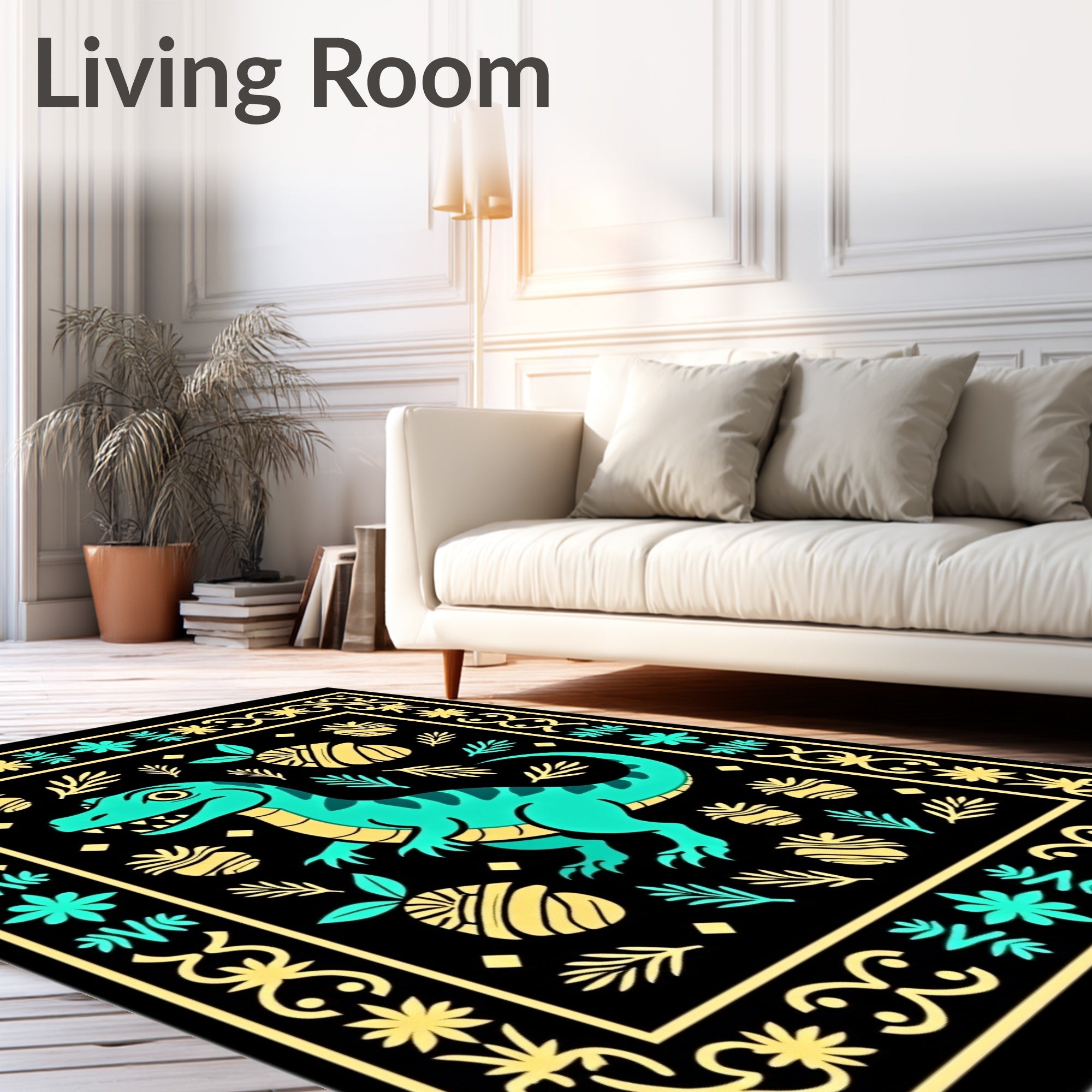 Turquoise Dinosaur Yellow Pineapple Border Rug