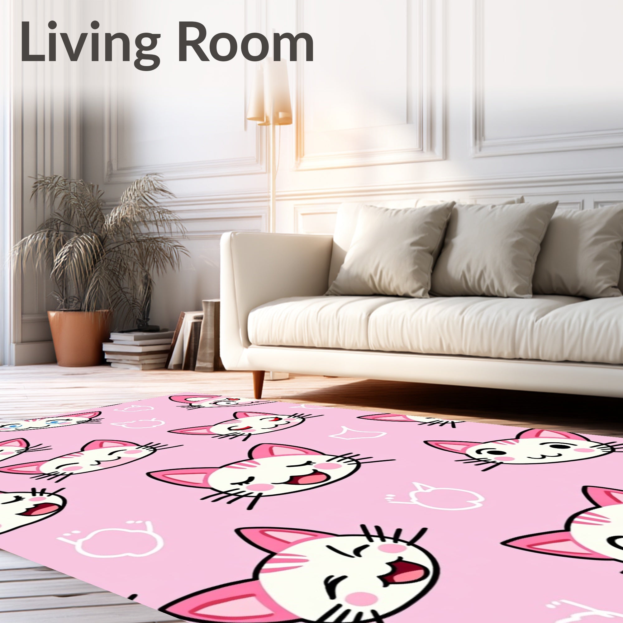 Pink Happy Kawaii Cat Faces Print Rug