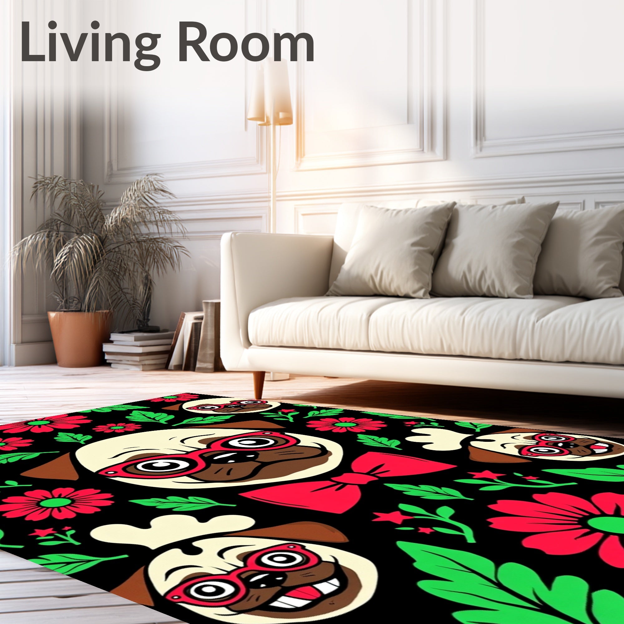 Playful Red Glasses Pug Floral Collage Rug