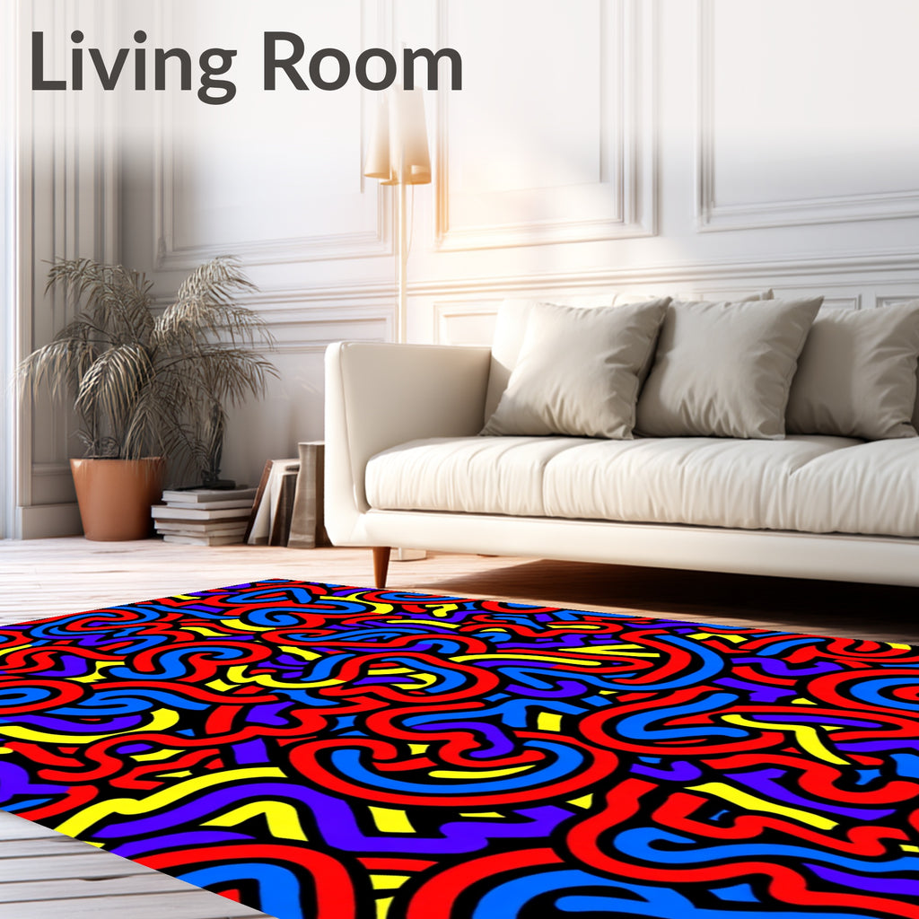 Vibrant Red Blue Yellow Swirl Rug