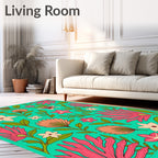 Vibrant Teal Tropical Floral Arrangement Rug