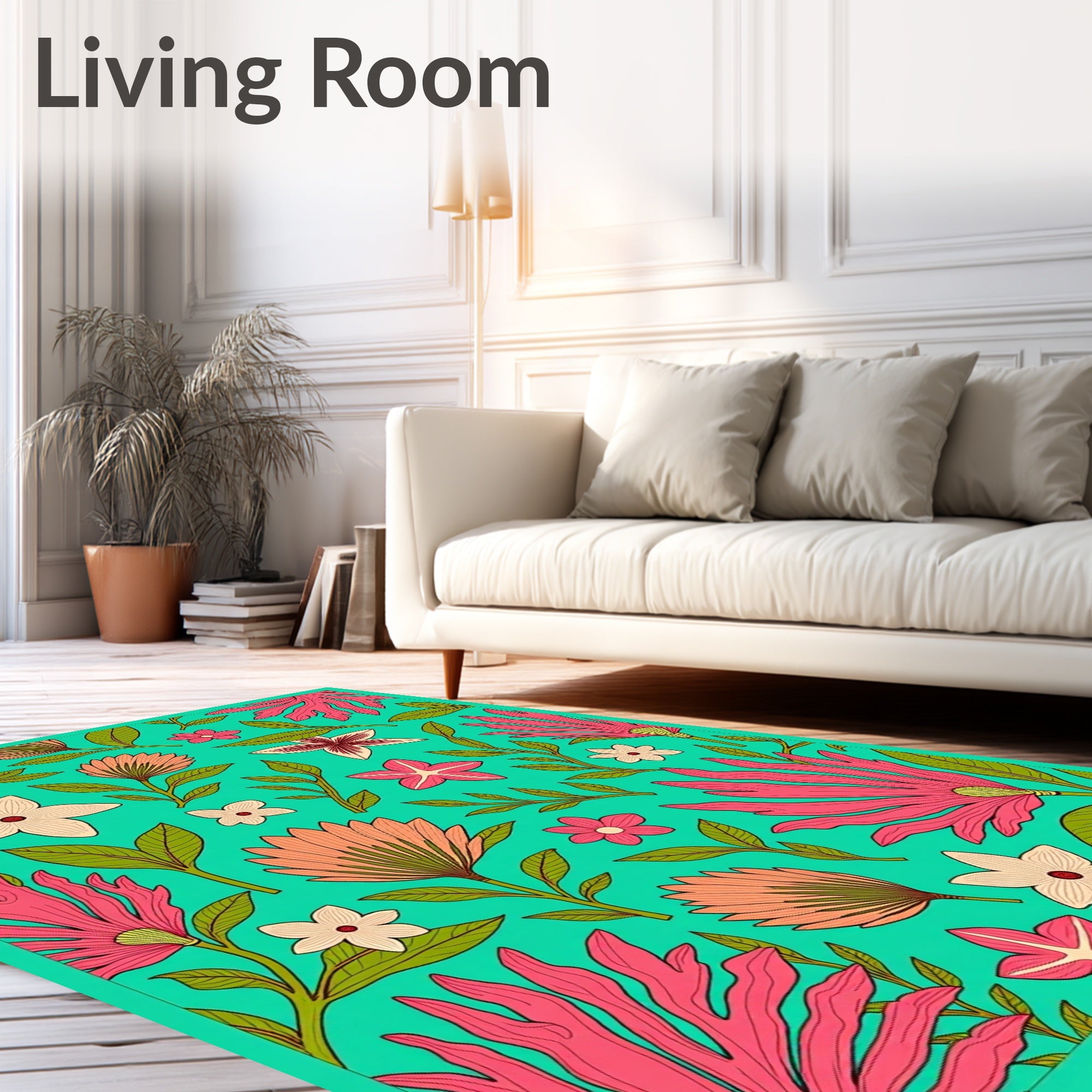 Vibrant Teal Tropical Floral Arrangement Rug