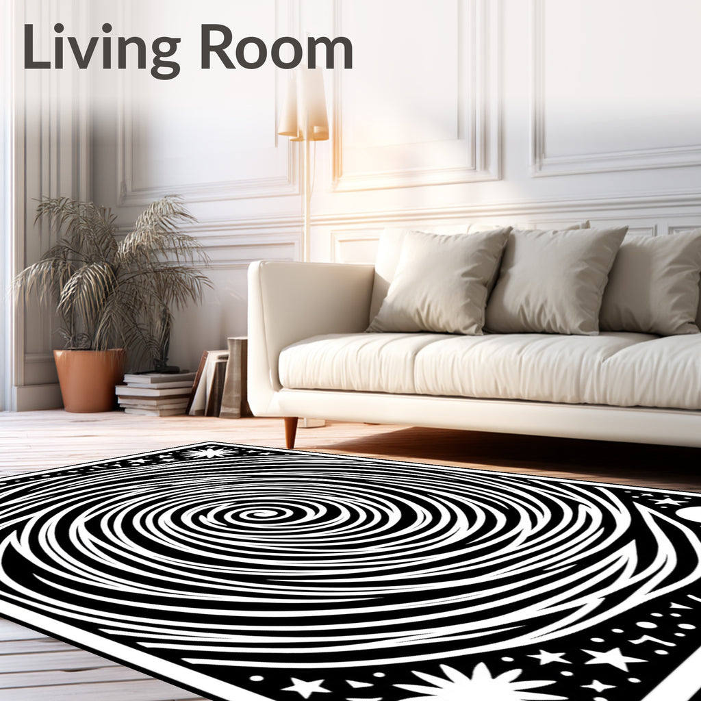 Cosmic Black White Swirl Moon Stars Rug