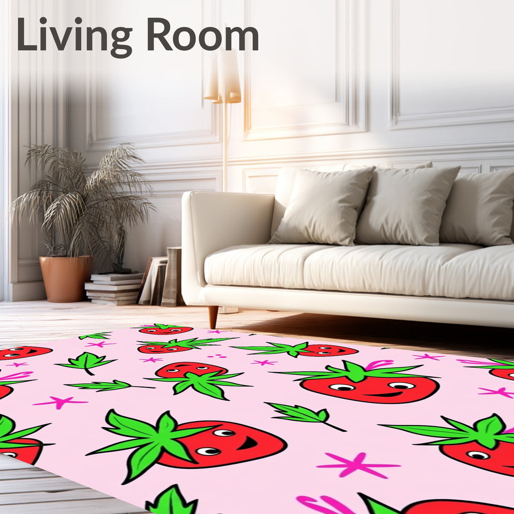 Whimsical Red Strawberry Pink Scattered Rug