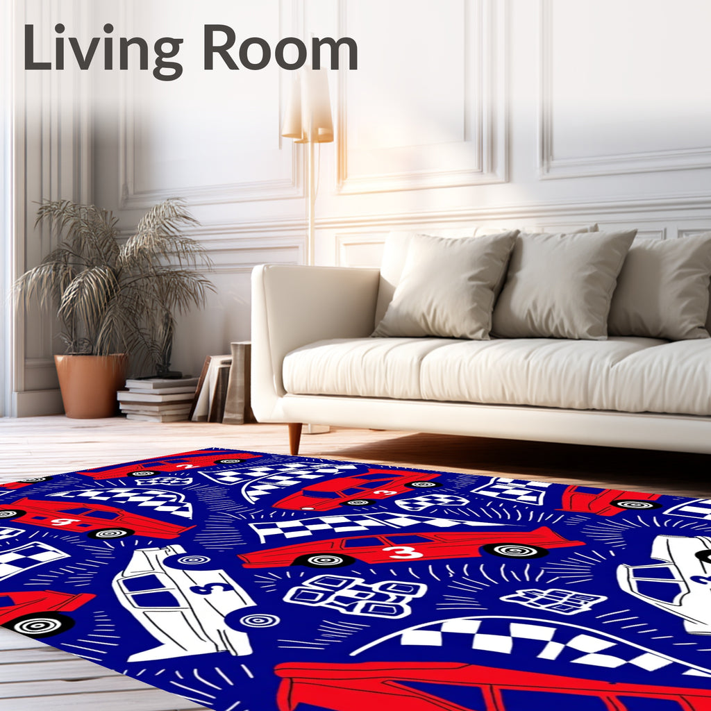Red White Racing Cars Checkerboard Flags Rug