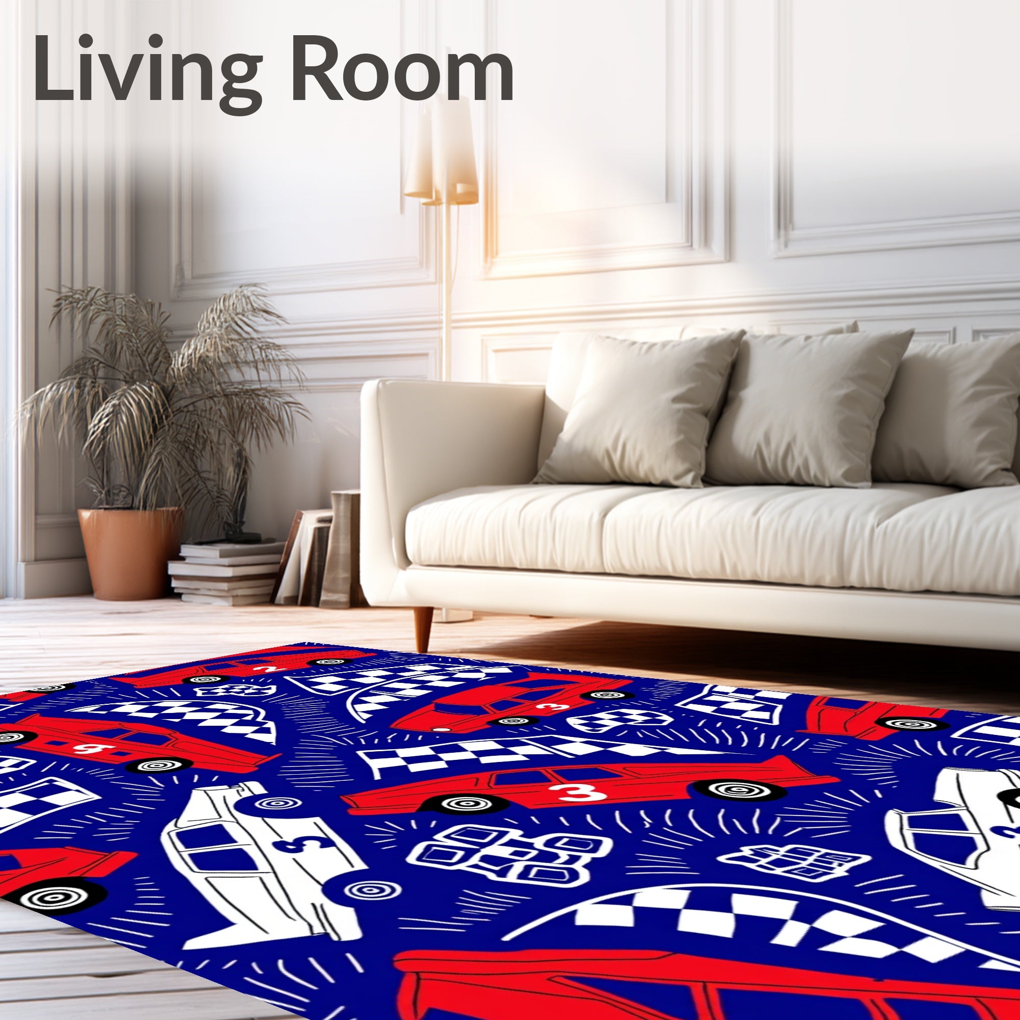 Red White Racing Cars Checkerboard Flags Rug