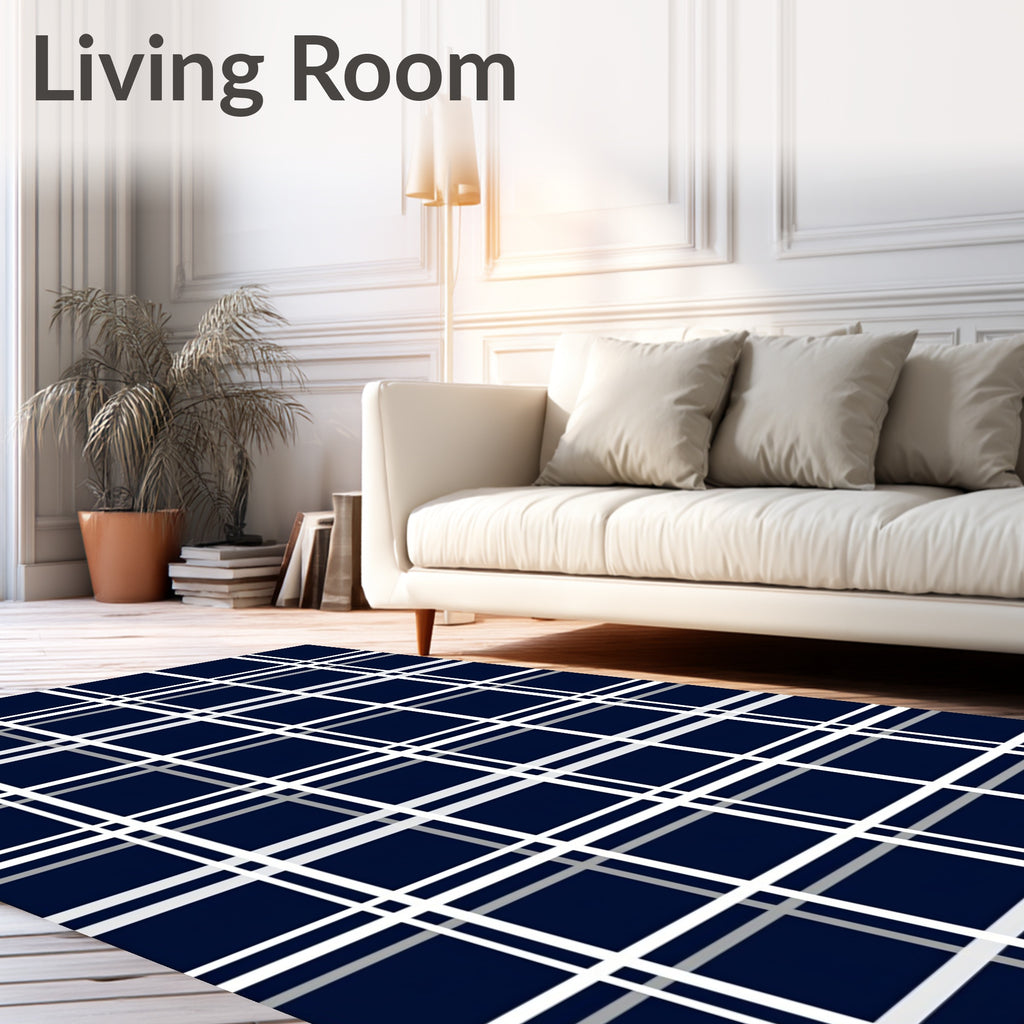 Classic Navy White Plaid Tartan Rug