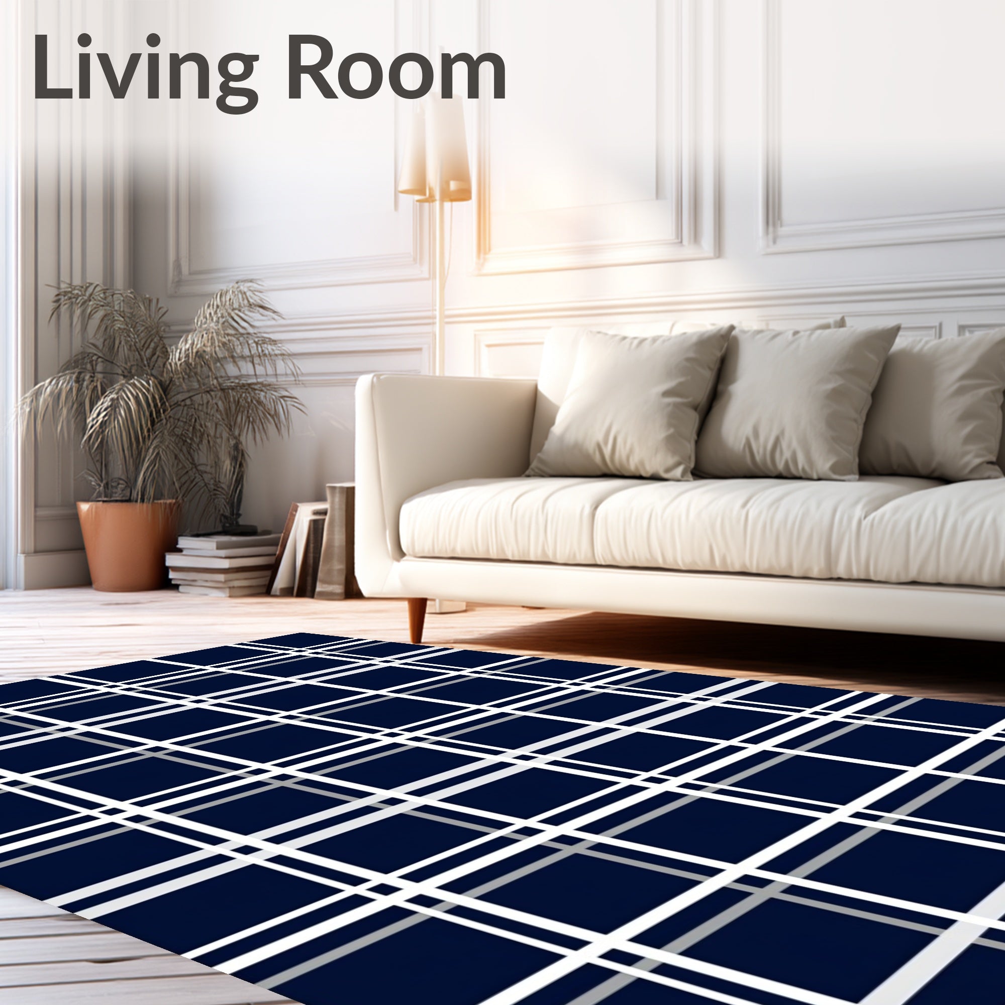Classic Navy White Plaid Tartan Rug