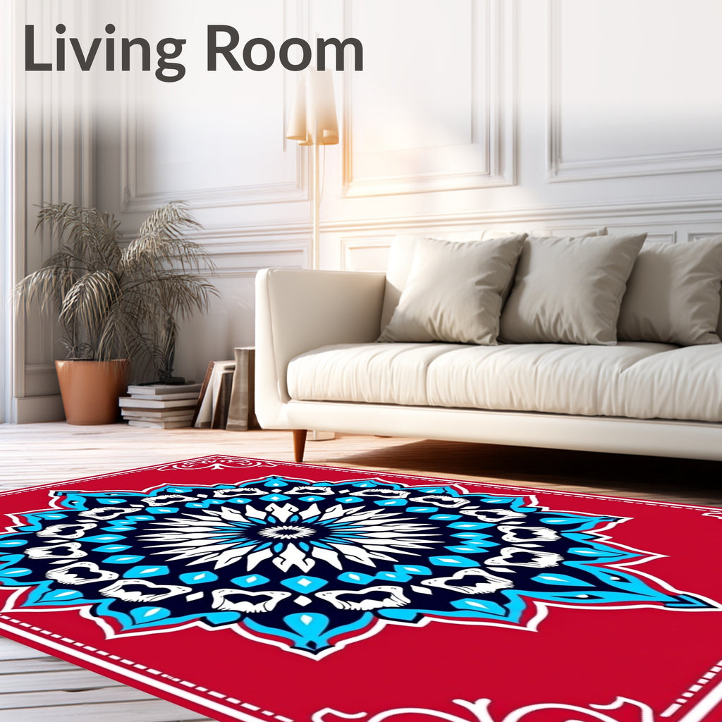 Red Vibrant Blue White Starburst Medallion Rug