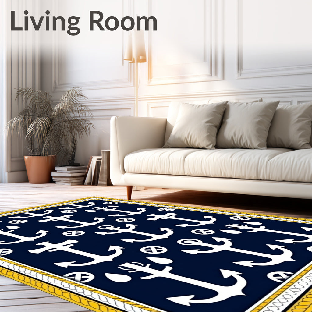 Nautical White Anchor Navy Repetition Rug