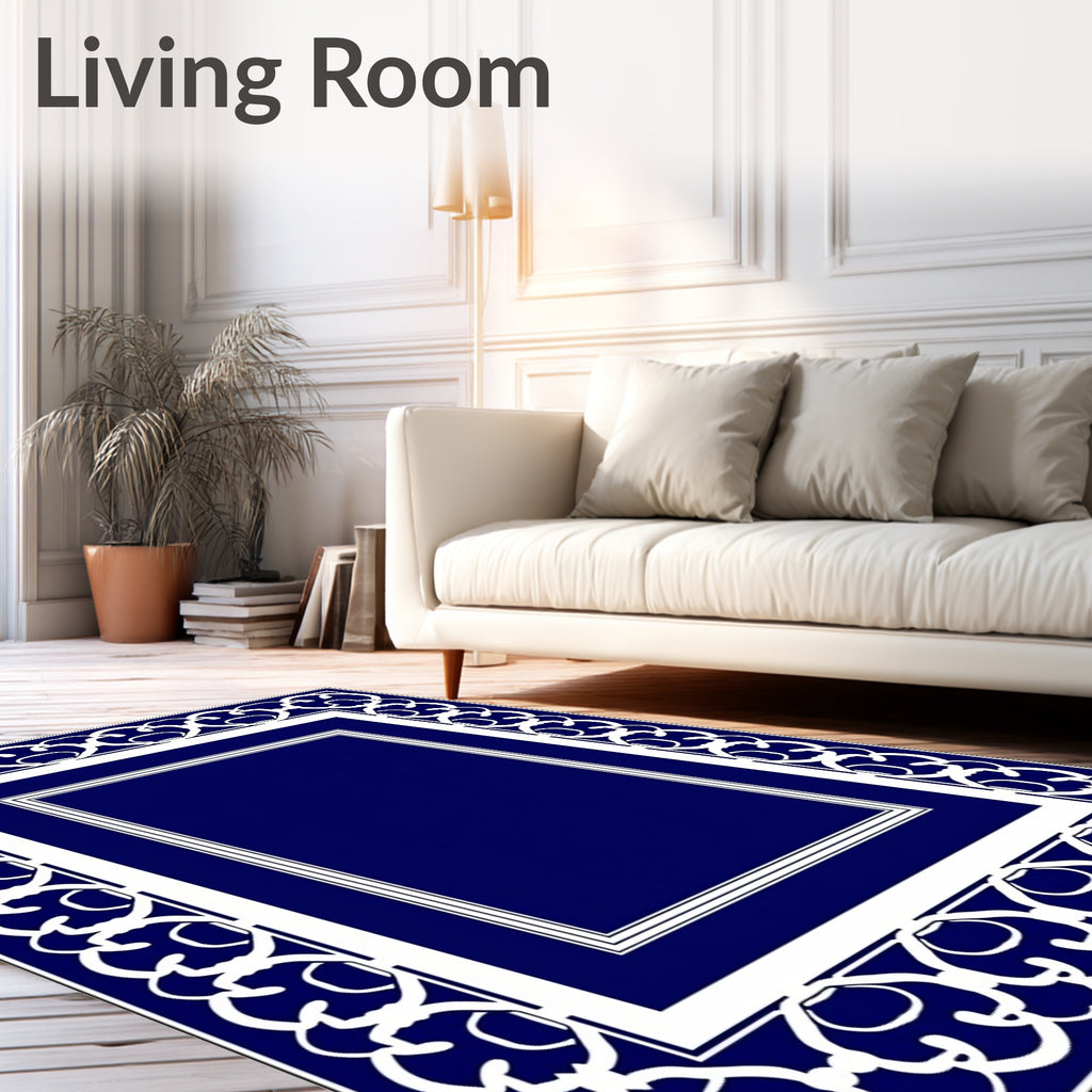 Deep Blue White Ornate Border Rectangular Rug