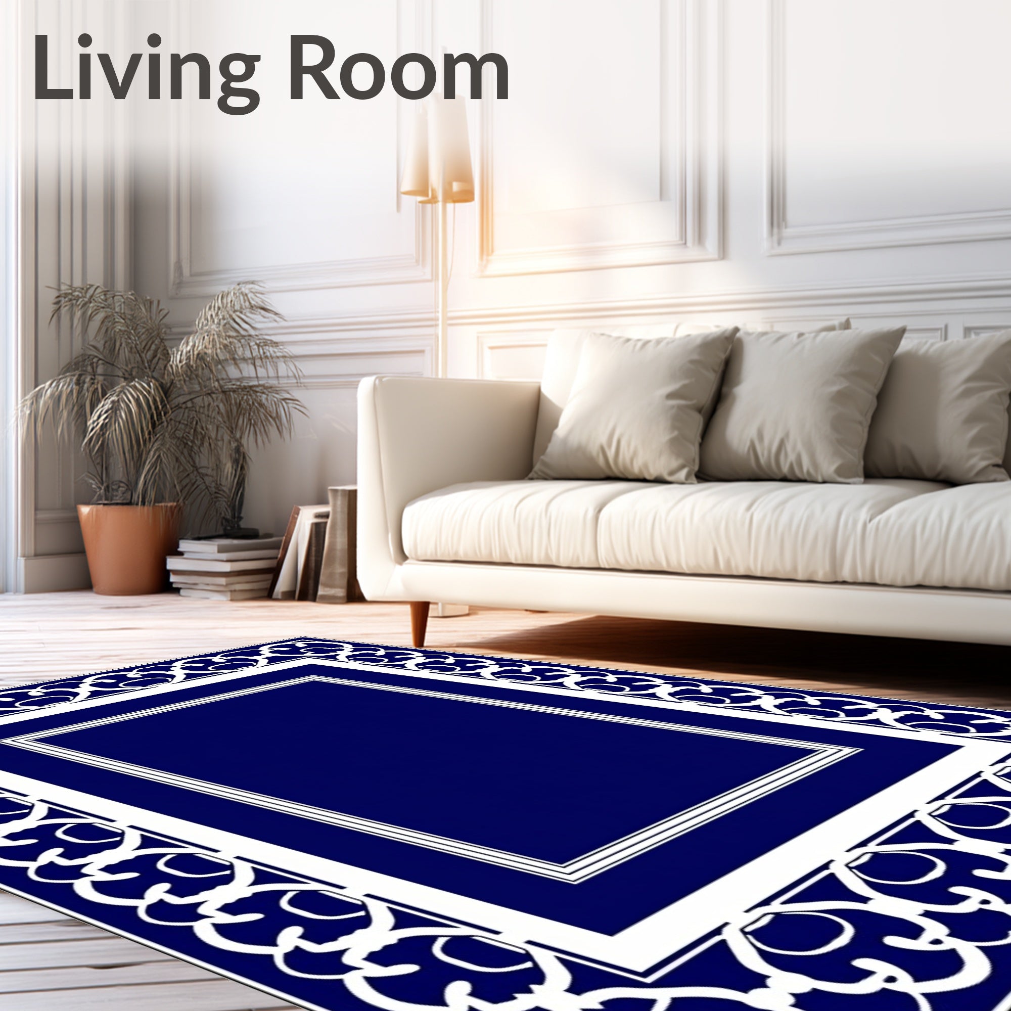 Deep Blue White Ornate Border Rectangular Rug