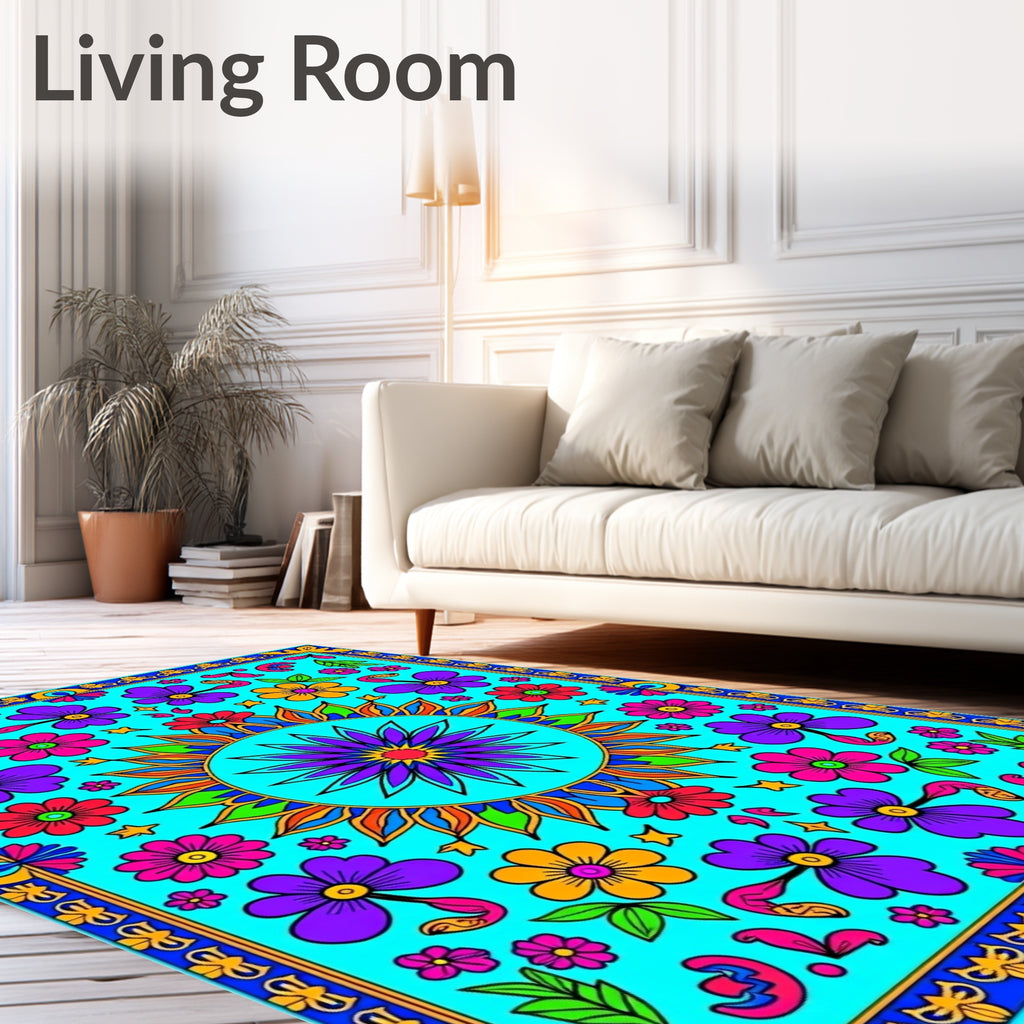 Vibrant Teal Floral Medallion Garden Rug