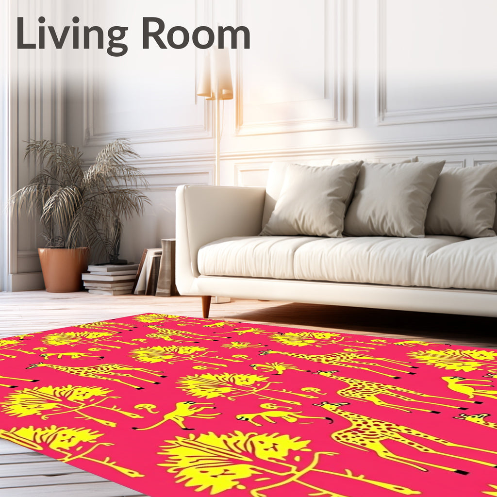 Vibrant Yellow Giraffe Safari Animals Rug