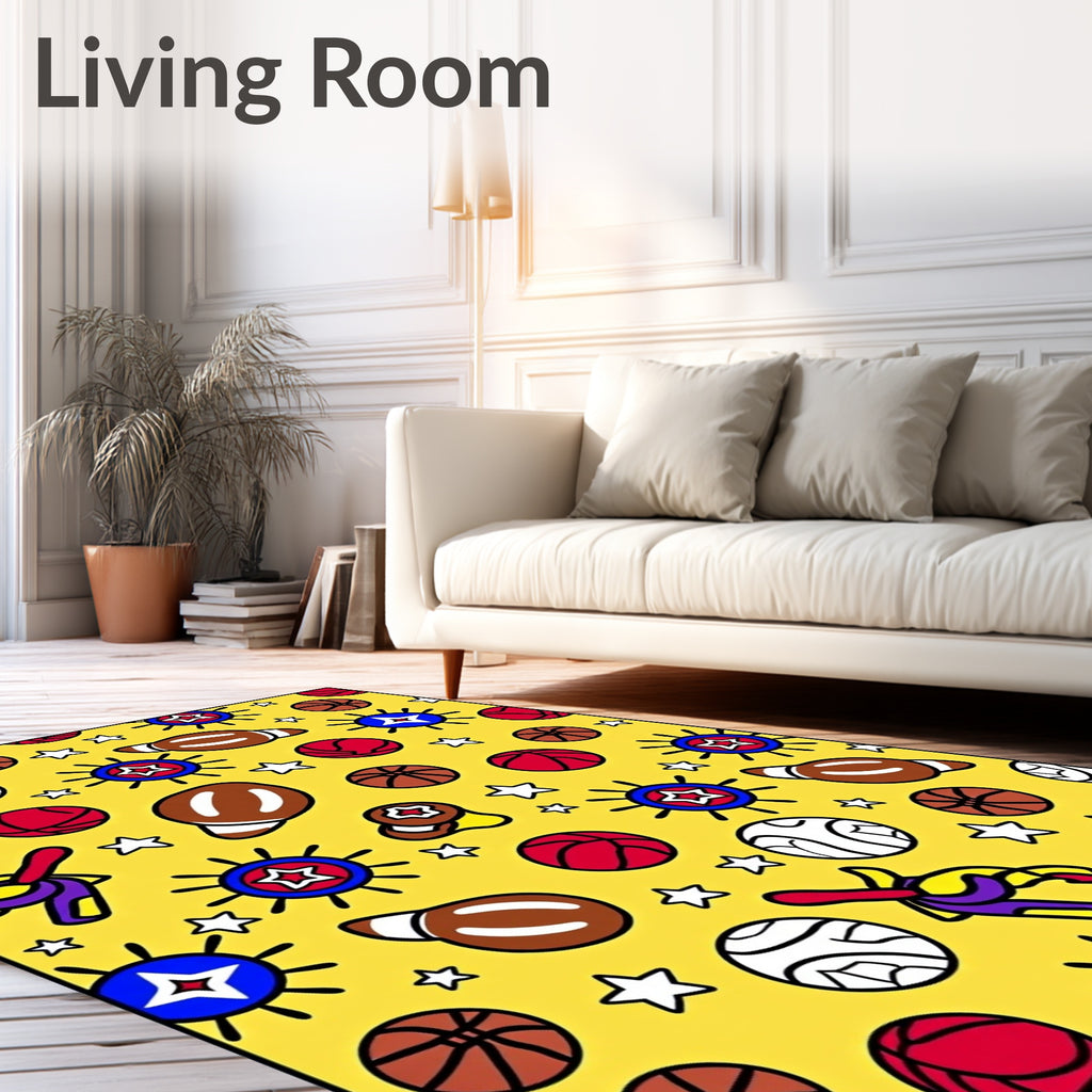 Whimsical Yellow Sports Ball Collection Rug