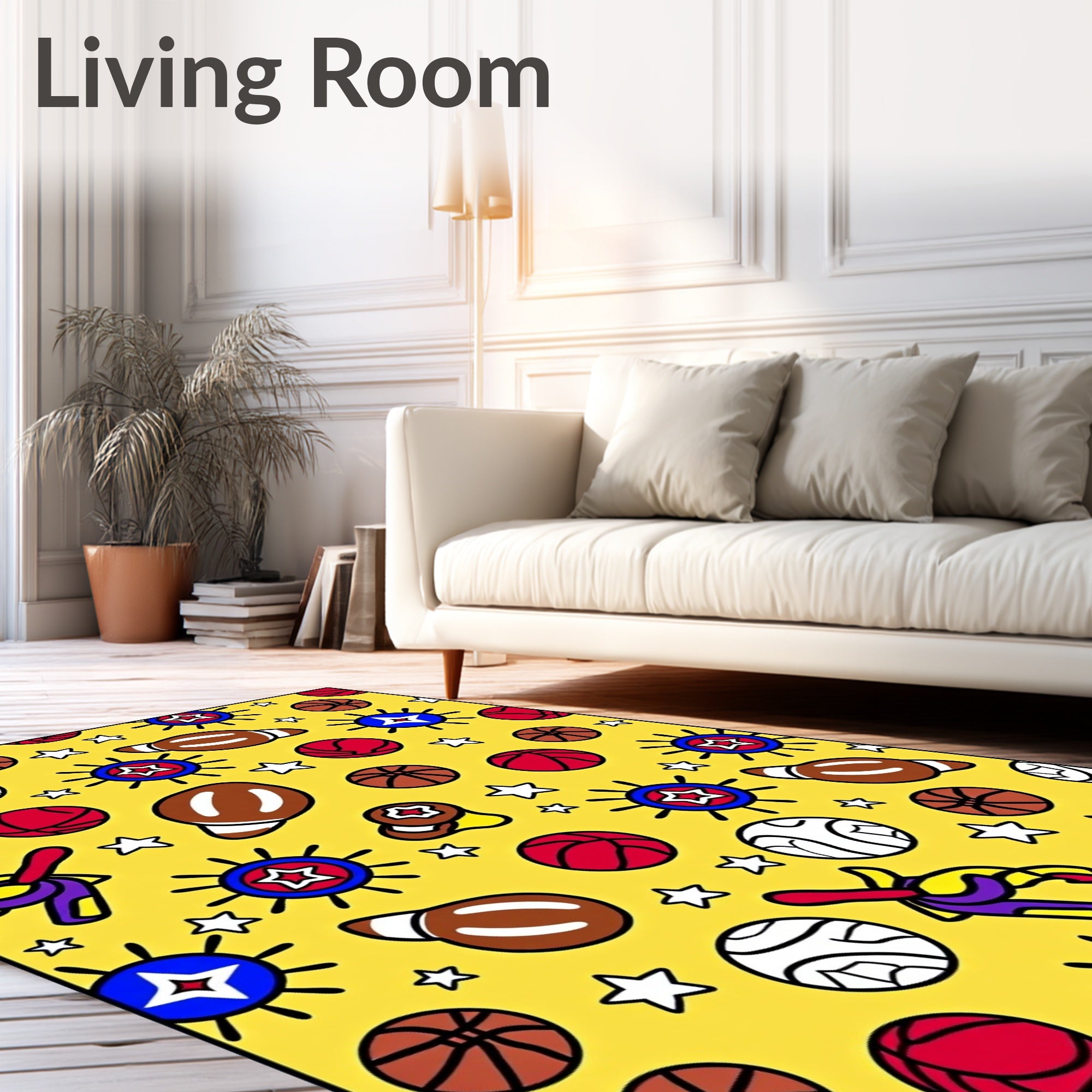 Whimsical Yellow Sports Ball Collection Rug