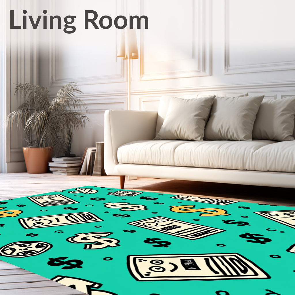Cartoon Dollar Bills Turquoise Background Rug