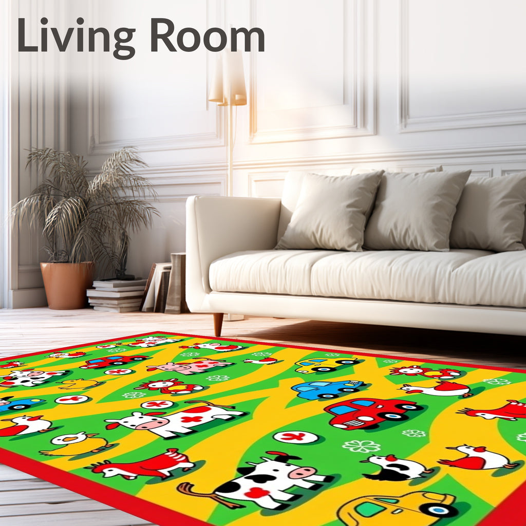 Cartoon Farm Animals Cars Yellow Green Red Rug