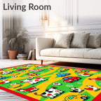 Cartoon Farm Animals Cars Yellow Green Red Rug