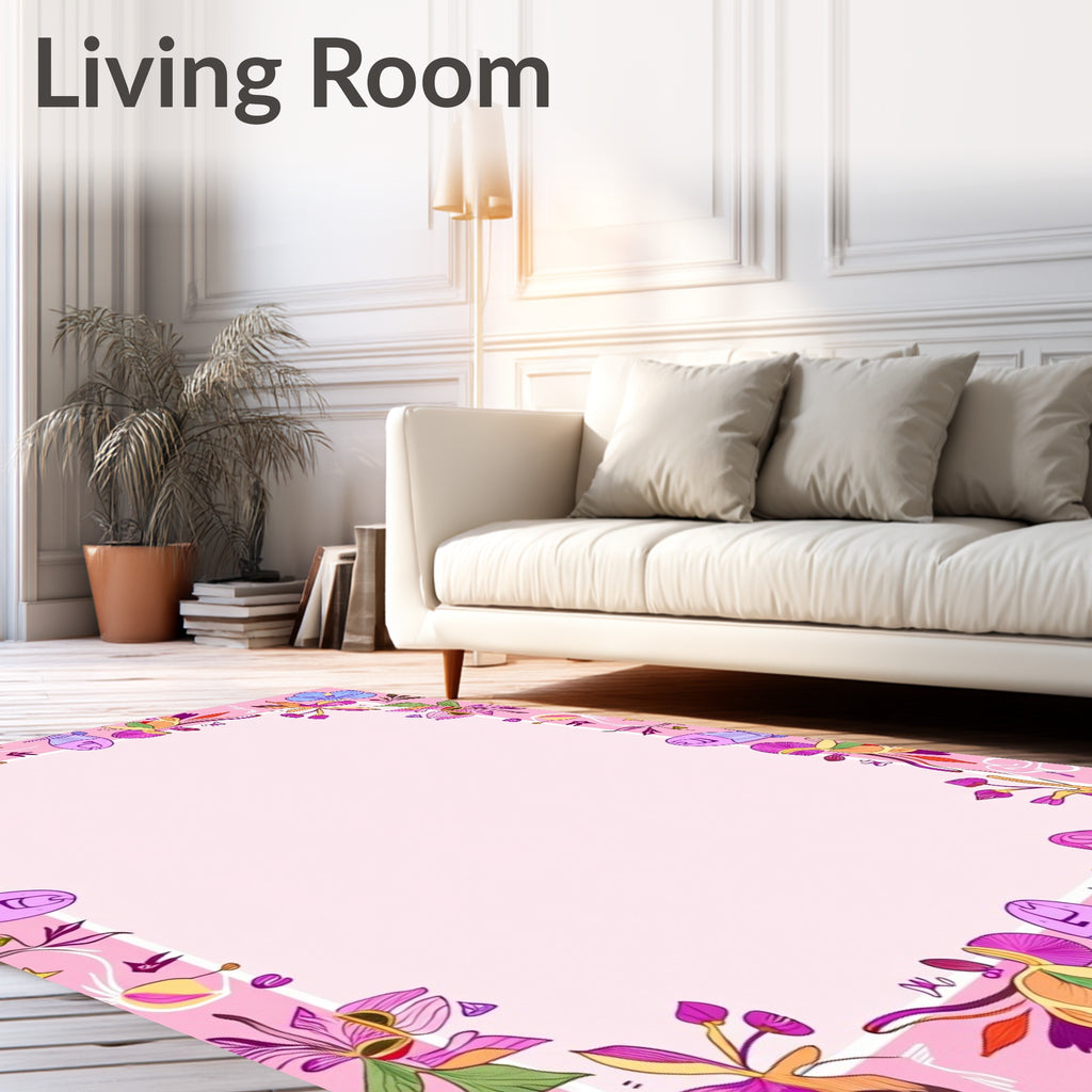 Whimsical Pink Floral Whimsical Creatures Rug