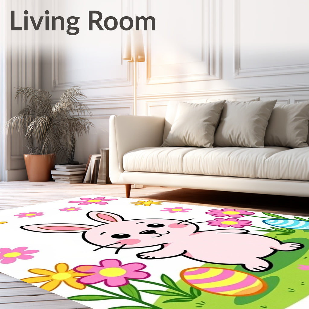 Whimsical Pink Bunny Spring Garden Easter Rug